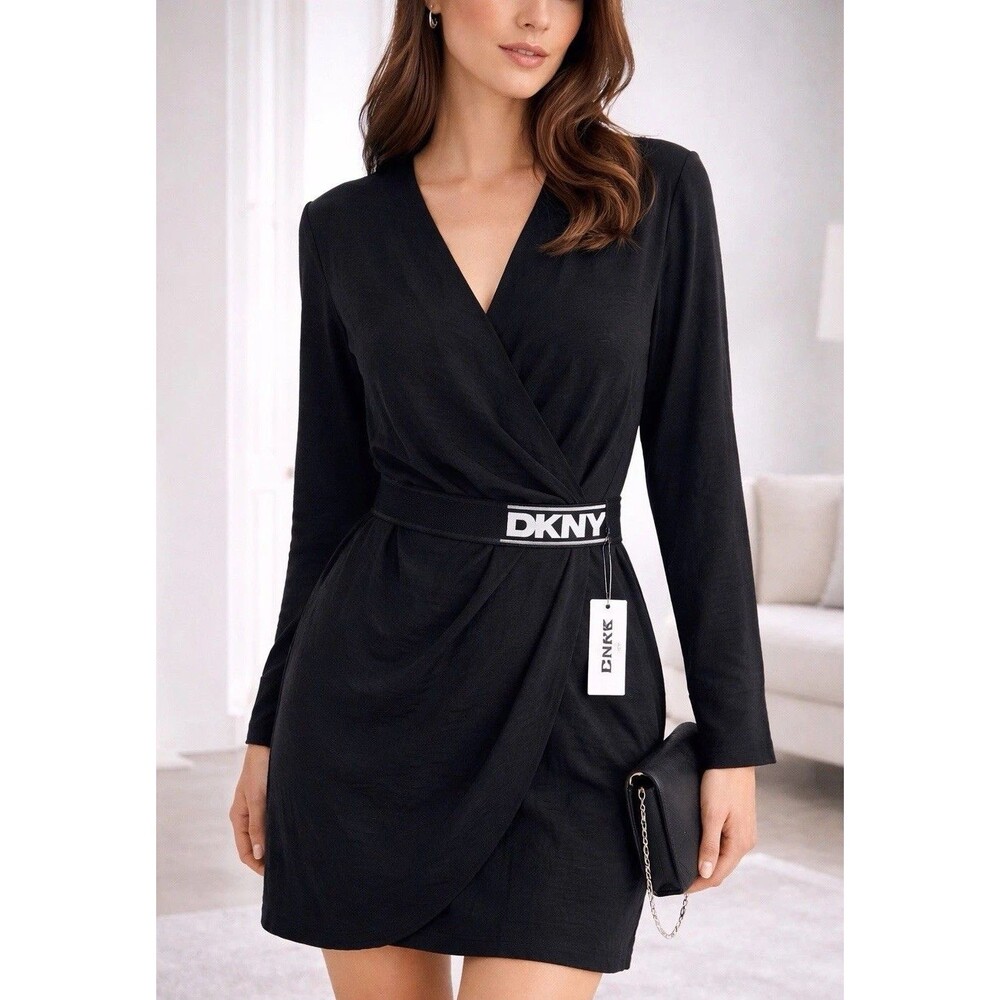DKNY Black Wrap DresFront Long Sleeve Top Logo Waist Band NEW w Tags Size US 10